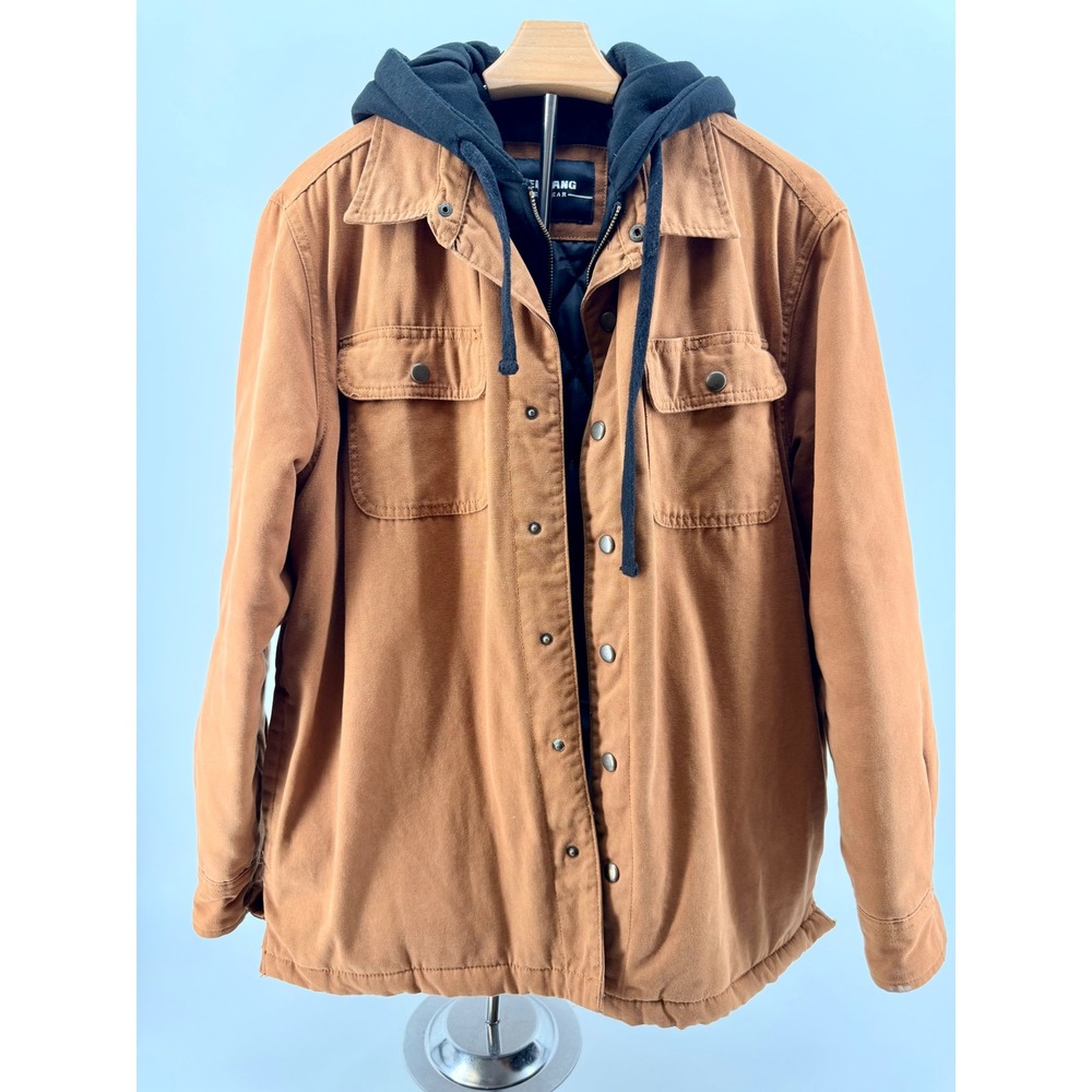 Jared Lang Mens Hooded Canvas Jacket Brown Quilted Lined Workwear Coat Large